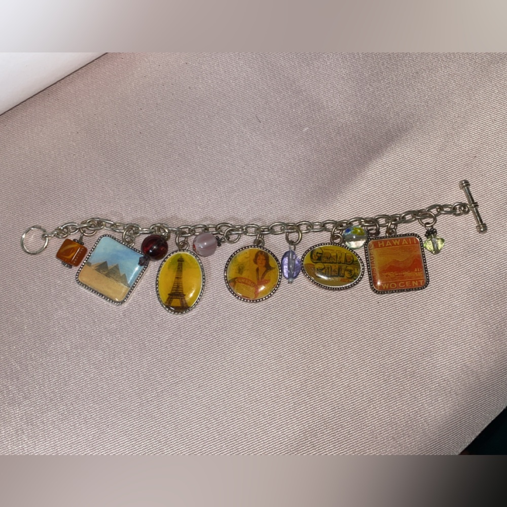 Vintage Charm Bracelet with Eiffel Tower and Pyramid Charms Aai - Picture 2 of 5